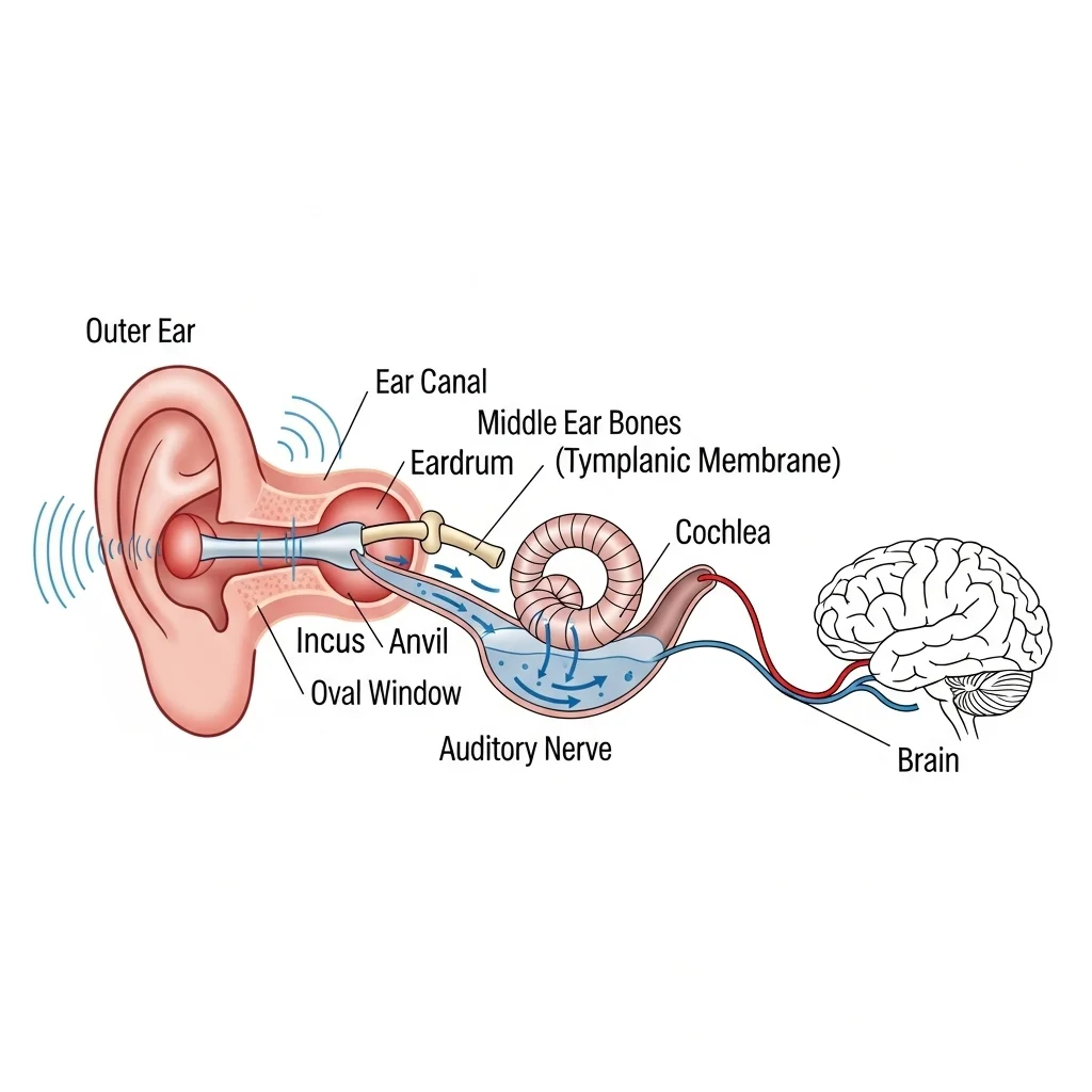 Anatomy illustration showing the outer ear, middle ear, cochlea, auditory nerve and brain